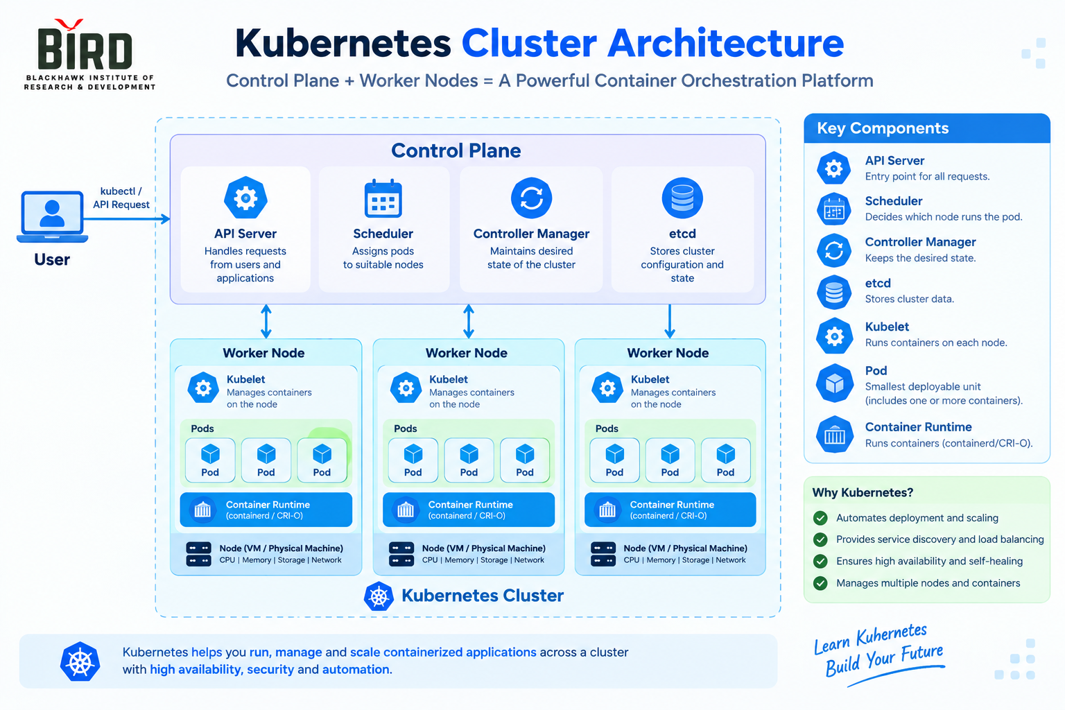 Kubernetes cluster architecture with pods nodes and control plane