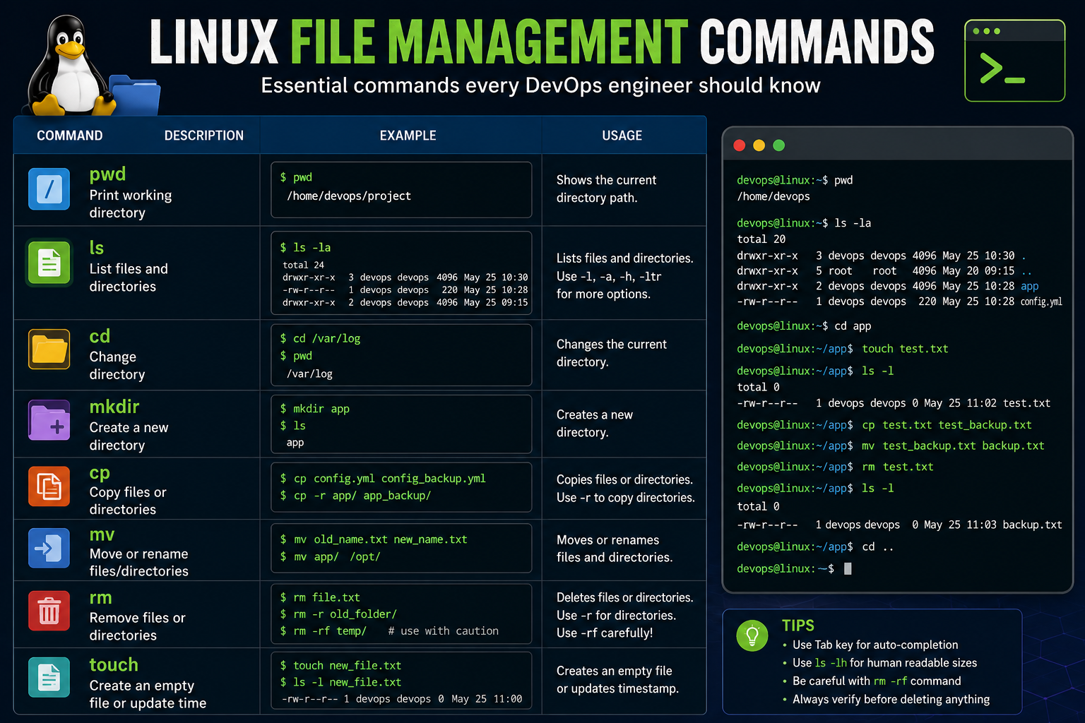 Linux file management commands used by DevOps engineers